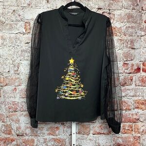Chic Me Black Womenʻs Festive Holiday Mesh Long Sleeve Blouse | XL